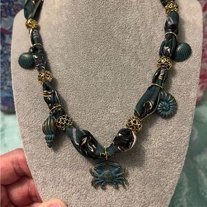 Teal Floral Scarf Charm Boho Necklace with Crab Pendant - Women's Jewelry